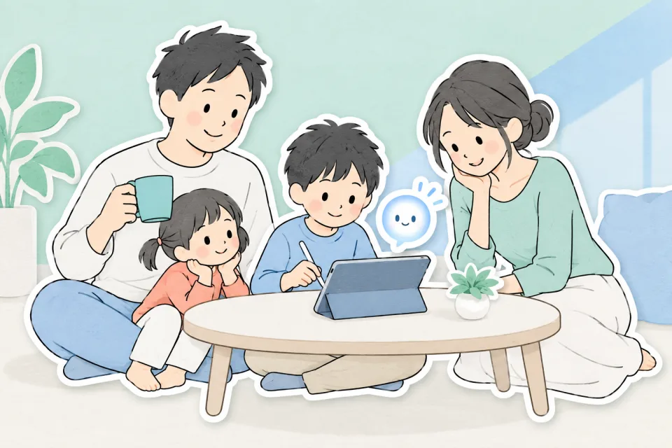 リビングのローテーブルを家族4人で囲み、お兄ちゃんのタブレットをのぞきこんでいる。そばでAIのぽっとが、にこっと光っている