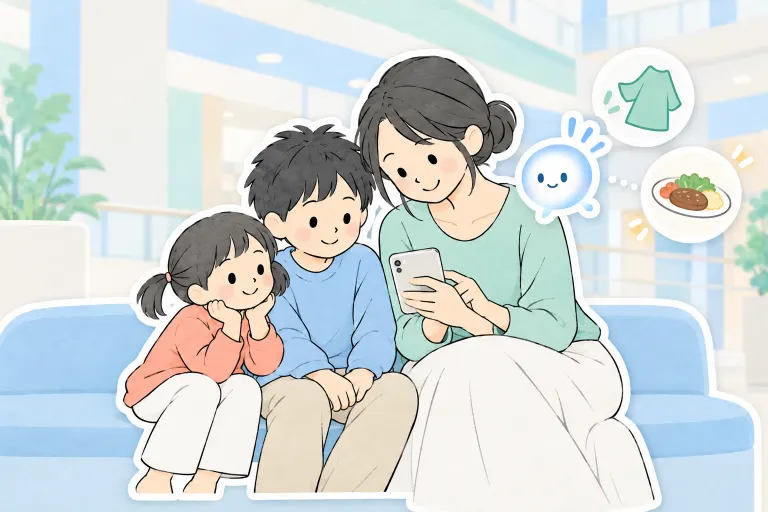 モールでスマホを見るお母さんと子どもたちに、ぽっとが服や館内の過ごし方を絵で提案する