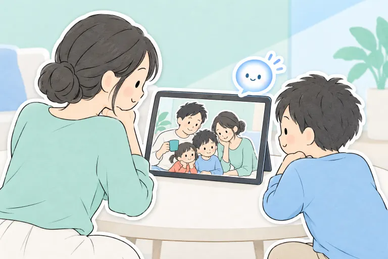 お母さんとお兄ちゃんが、共有写真を卓上の画面で楽しむ場面