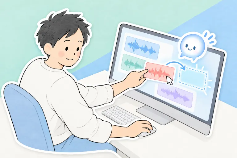 お父さんがパソコンで音声ファイルを選び、ぽっとが添付先を示している