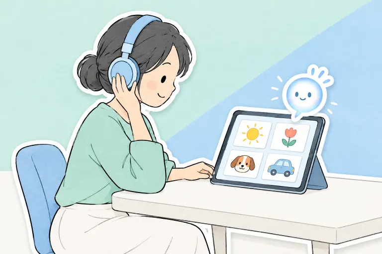 お母さんがヘッドホンで録音を聞き、ぽっととメモを確認している