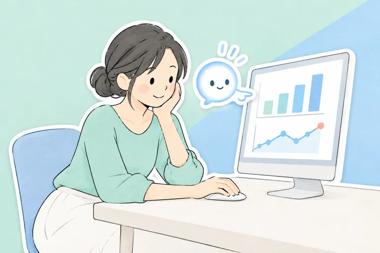 在宅勤務のお母さんが、ぽっとと一緒にパソコンのグラフを確認している