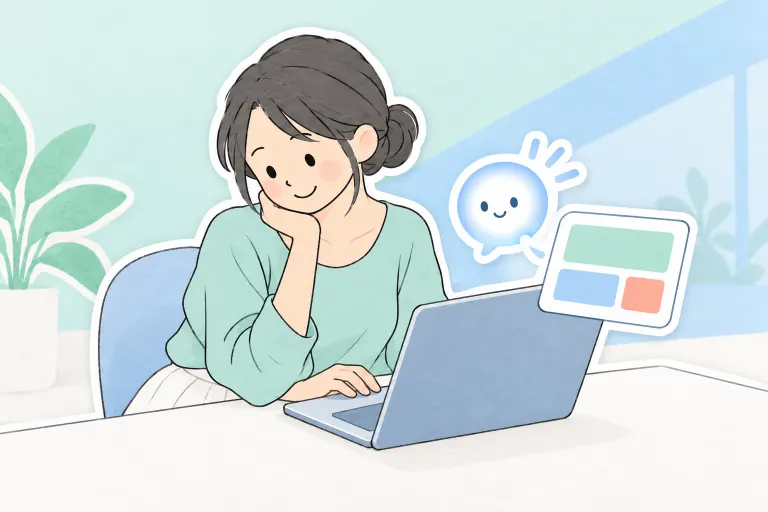 自宅でお母さんが仕事の文書を確認し、光る吹き出しのぽっとが編集案を示している