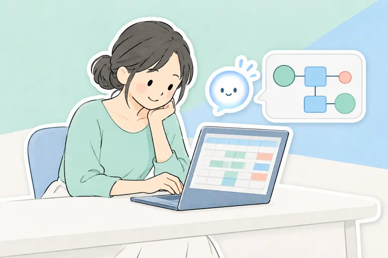 自宅の机でお母さんが表を確認し、ぽっとが計算の流れを図形で示している