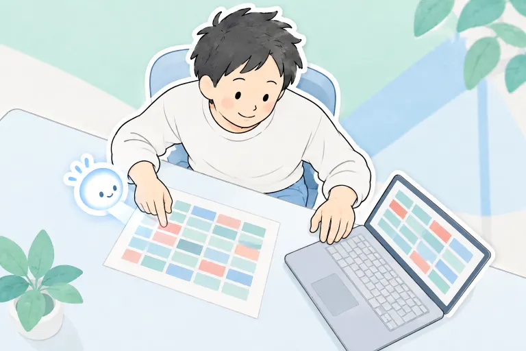 お父さんが練習用の表を用意し、ぽっとと内容を見比べている
