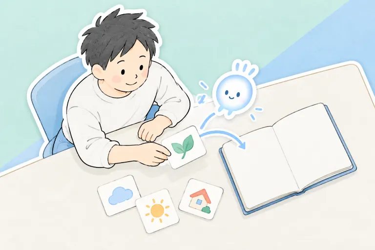 お父さんが必要な資料を選び、ぽっとがノートにまとめるイメージ