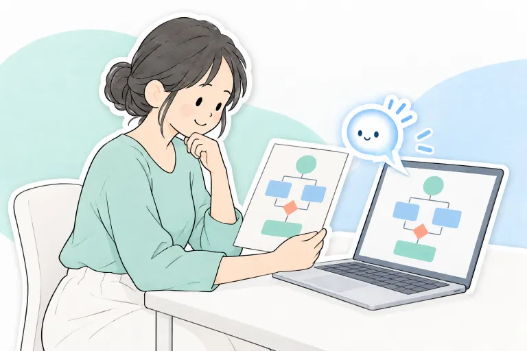お母さんが元の資料と作成結果を見比べ、ぽっとが確認を手伝う