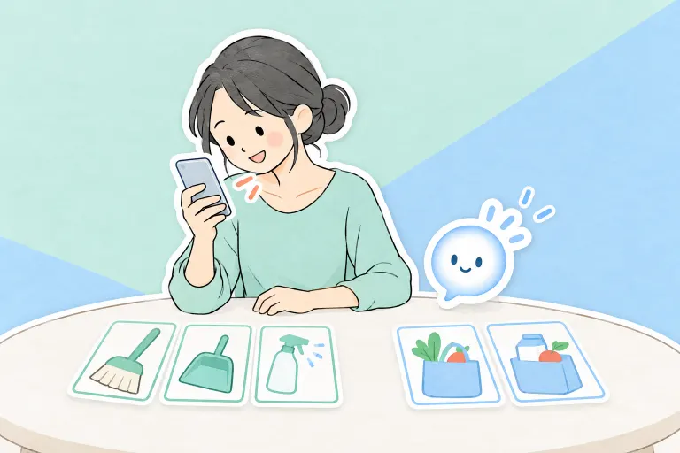 お母さんが家の用事を話し、ぽっとが掃除道具や買い物袋の絵を整理している