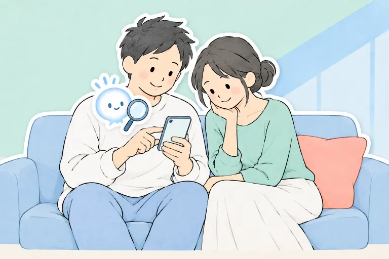 お父さんとお母さんがスマホの下書きを確認し、ぽっとが虫眼鏡を添えている