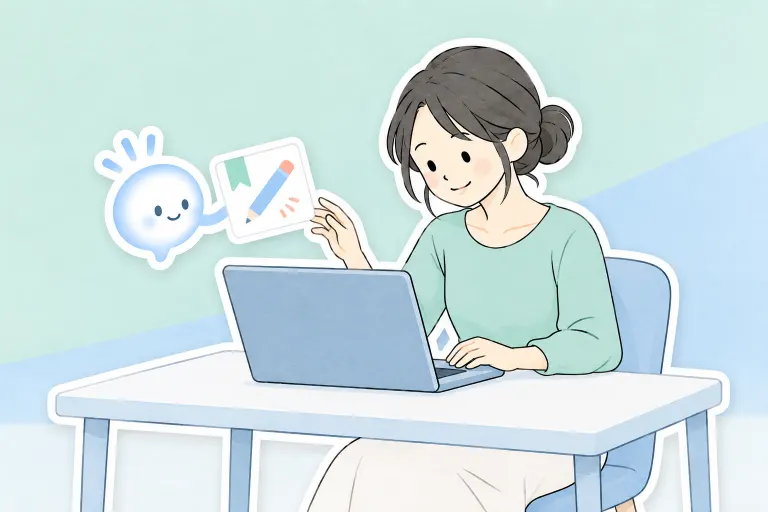 自宅でお母さんがパソコンに向かい、光る吹き出しのぽっとが保存した指示を表すカードを差し出す