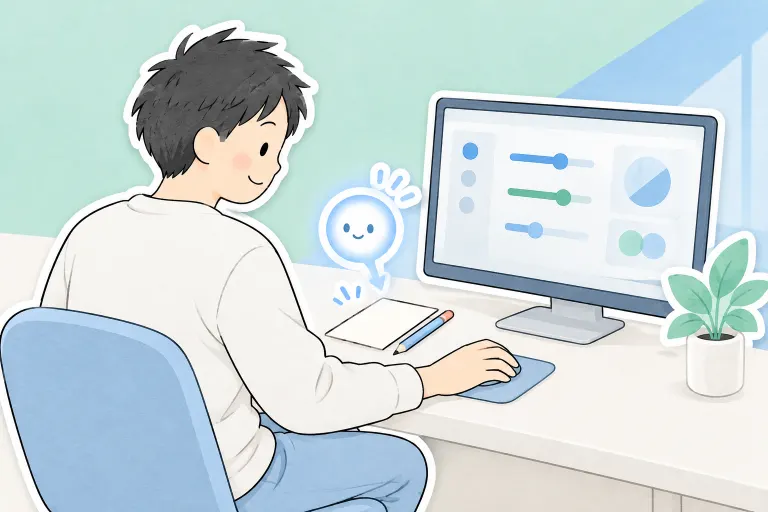 お父さんが会議前にパソコンの設定を確認し、ぽっとがメモの絵を示す