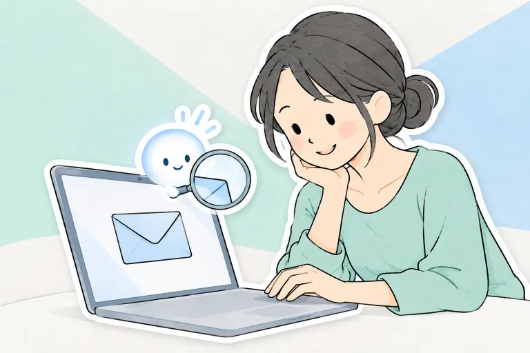 お母さんが作成されたメールの下書きを確認し、ぽっとが確認箇所を照らす