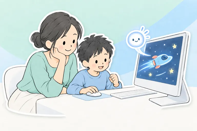 お母さんと小学生のお兄ちゃんが、AIの作ったゲームの動きをパソコンで確かめる
