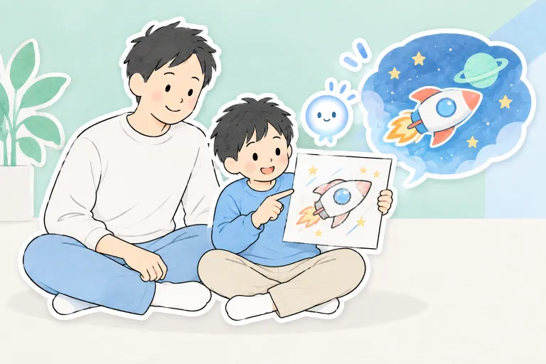 お兄ちゃんが作りたいゲームを絵で示し、お父さんと話し合う