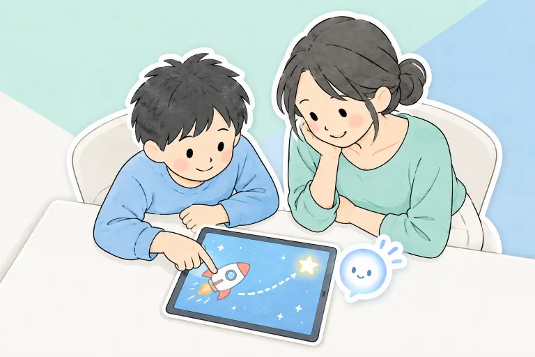 お兄ちゃんがタブレットでゲームを試し、直したい動きを指さす