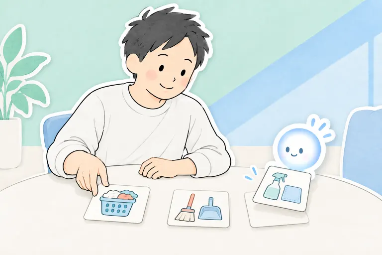 お父さんが家の用事を整理し、ぽっとが作業の絵を並べて手伝っている