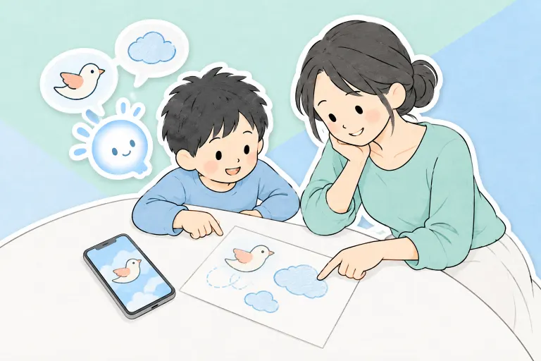お母さんとお兄ちゃんが、絵に入れたい鳥や雲を相談している