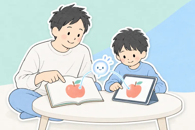 お父さんと小学生のお兄ちゃんが、本と翻訳の画面を見比べている