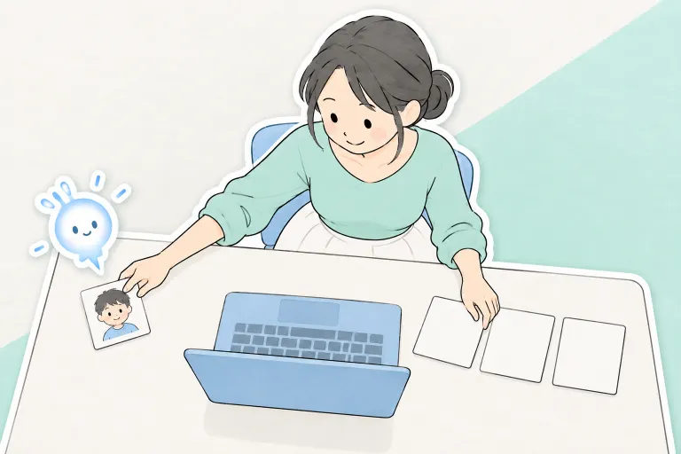 お母さんが入力前に情報を選び、ぽっとが確認を手伝っている