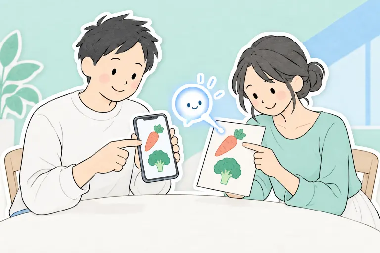 お父さんとお母さんが、画面の材料とメモを見比べる