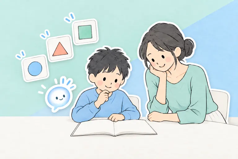 お母さんとお兄ちゃんが机で考え、ぽっとが階段状のカードで学びの段階を表す