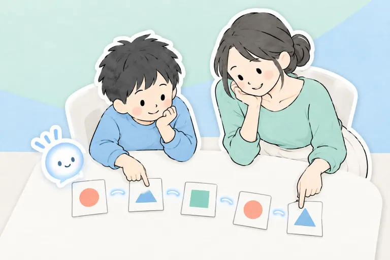 お兄ちゃんとお母さんが、図形のカードを並べて考えた順序を振り返る