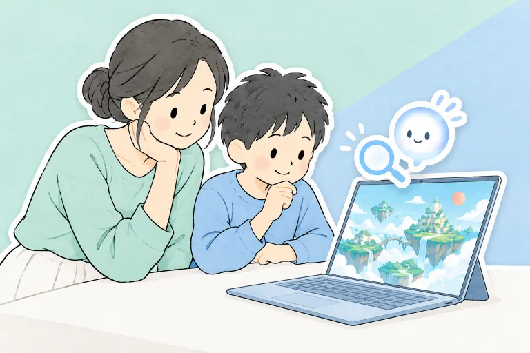 お母さんとお兄ちゃんが画像を確認し、ぽっとが虫眼鏡の形の光で確認を手伝う