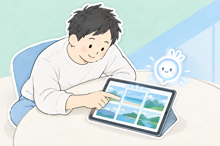 お父さんが確認用の画像を選び、ぽっとが風景画像を示している