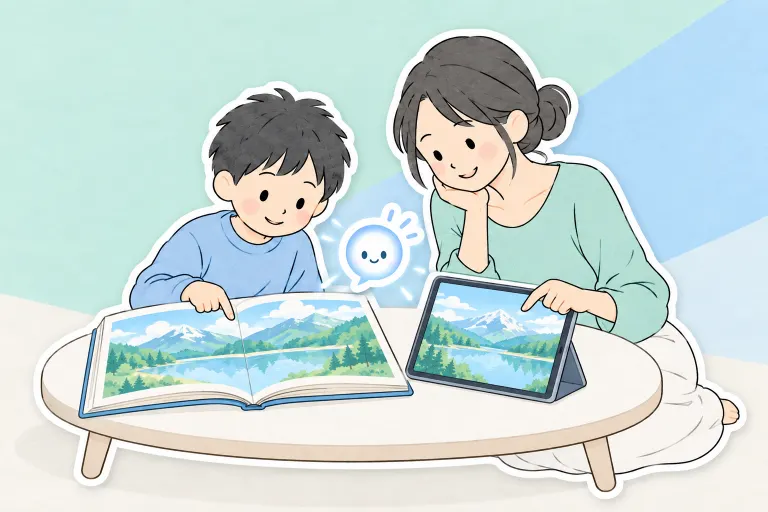 お母さんとお兄ちゃんが画面と本を見比べ、ぽっとが確認する場所を照らす