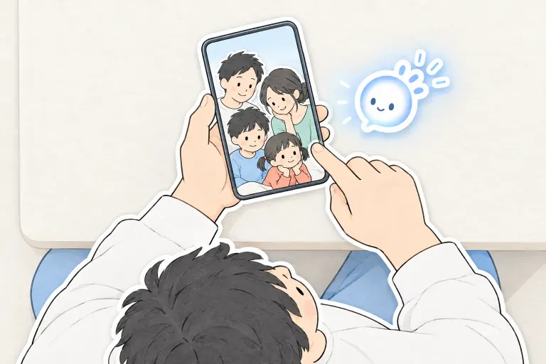 お父さんが送信前の写真を確認し、ぽっとが注意を向けている